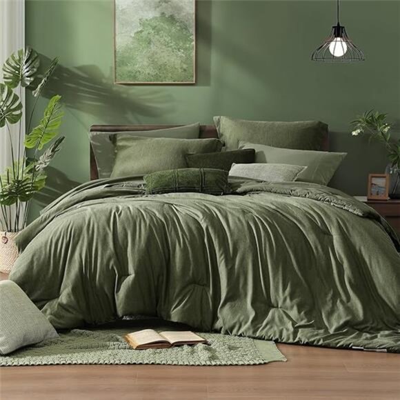 Queen Comforter Set - 7 Pieces Cationic Dyeing Olive Green Bed in a Bag Bedding - Picture 7 of 7